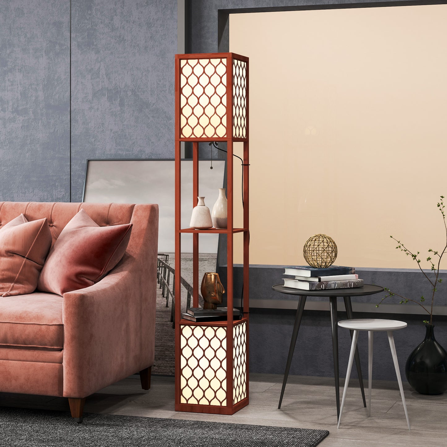2-Light Modern Floor Lamp with Shelves for Living Room, Bedroom, Brown