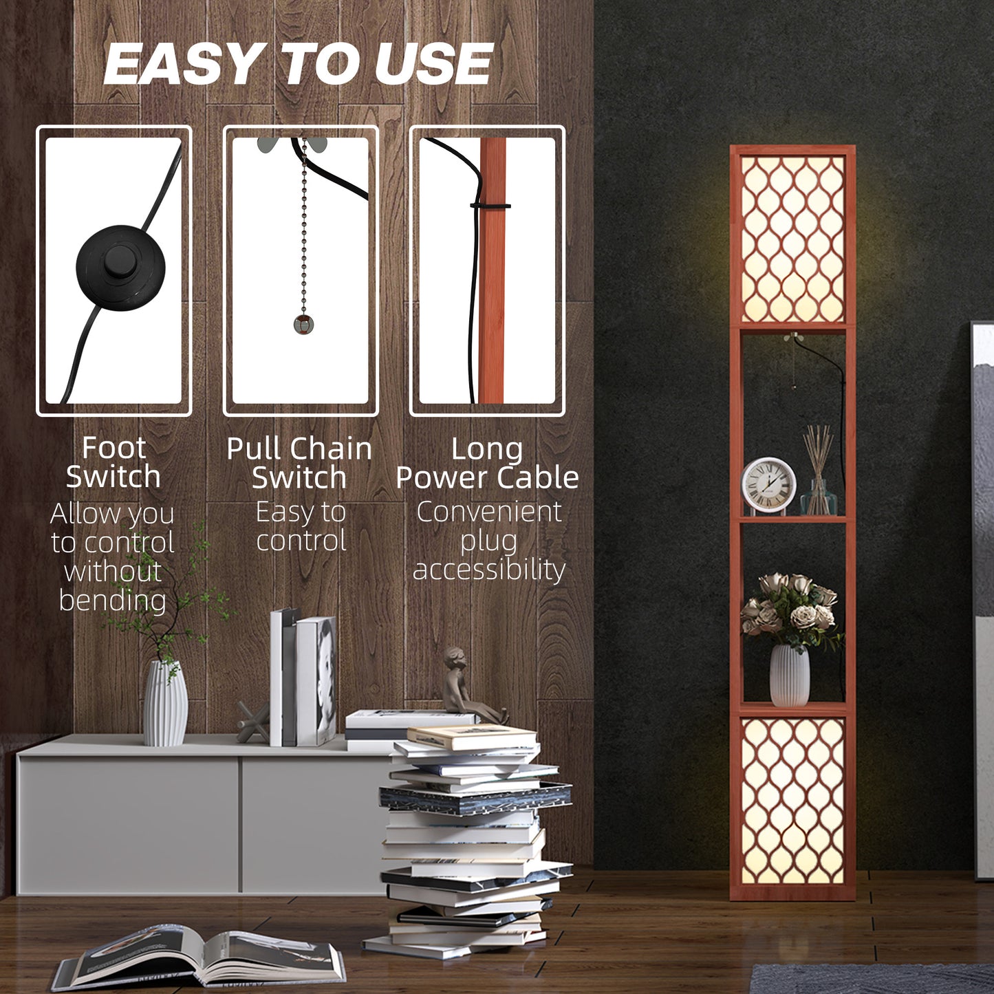 2-Light Modern Floor Lamp with Shelves for Living Room, Bedroom, Brown