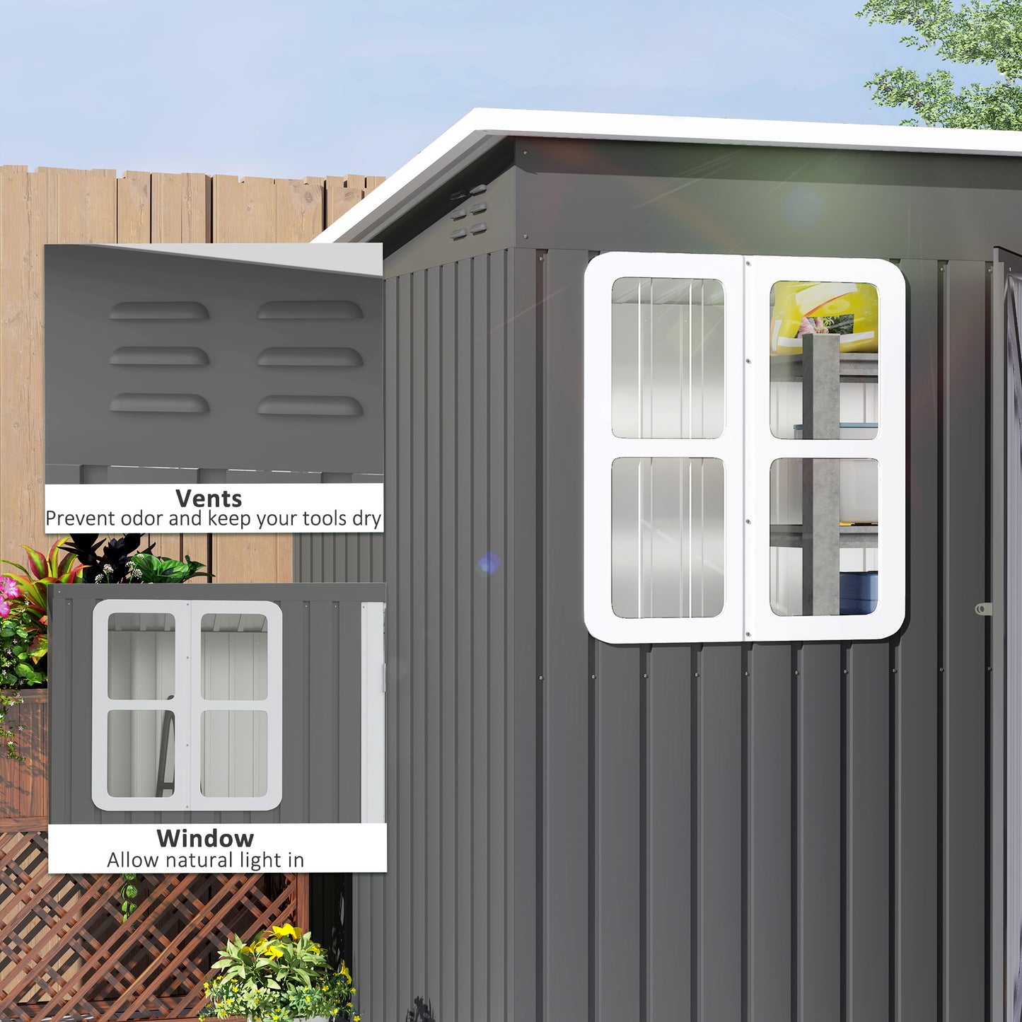 8.5 x 6ft Galvanised Steel Garden Shed with Foundation Kit, Grey