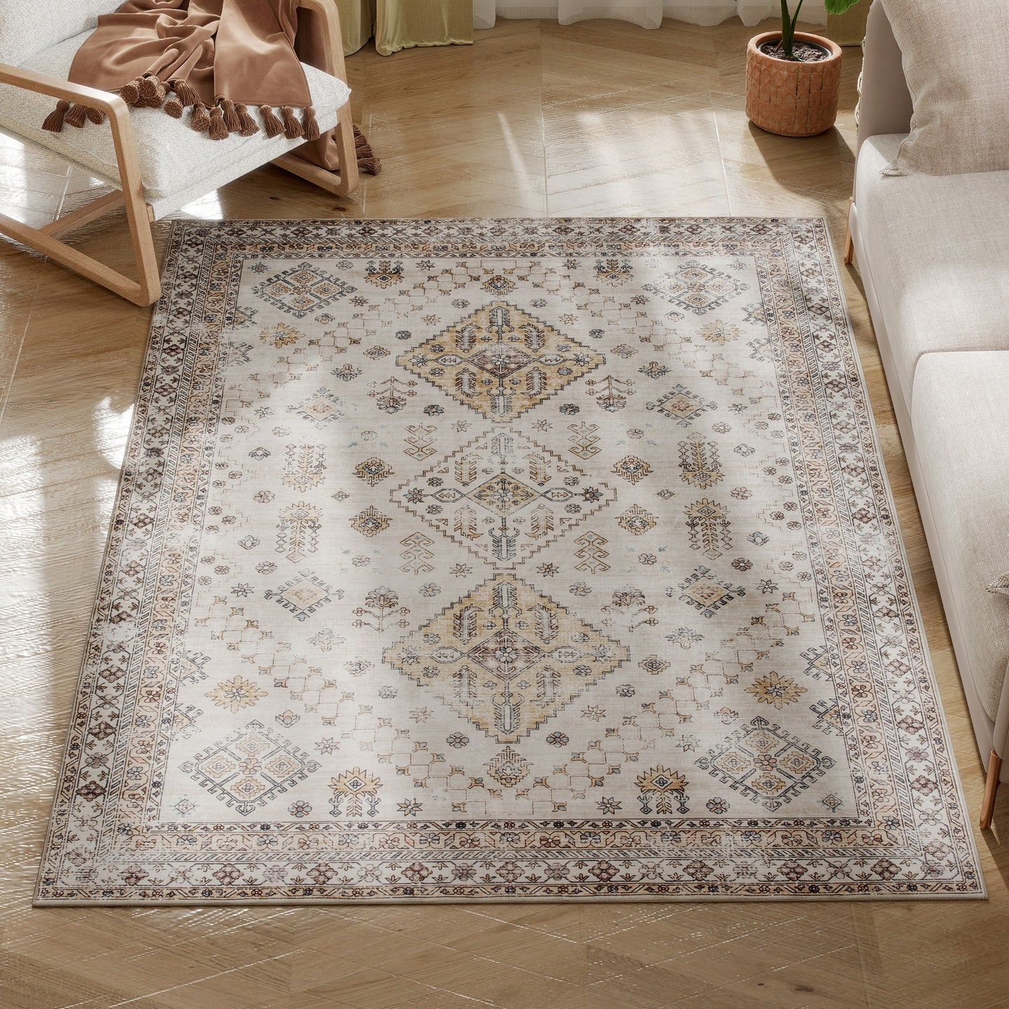 Flannel Non-Slip Washable Rug for Living Room, 170 x 120 cm, Beige