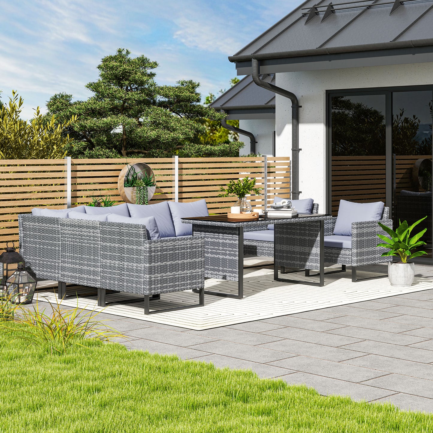 Sectional Outdoor Furniture with Glass Top Table, Light Grey