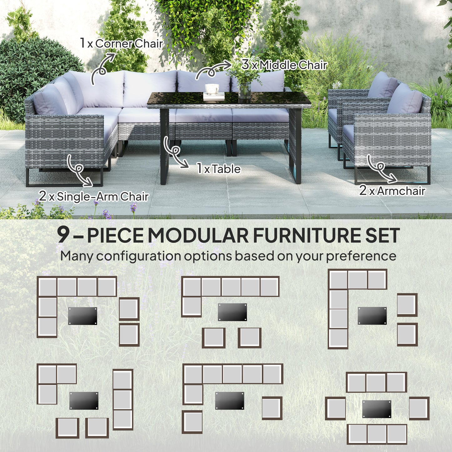 Sectional Outdoor Furniture with Glass Top Table, Light Grey