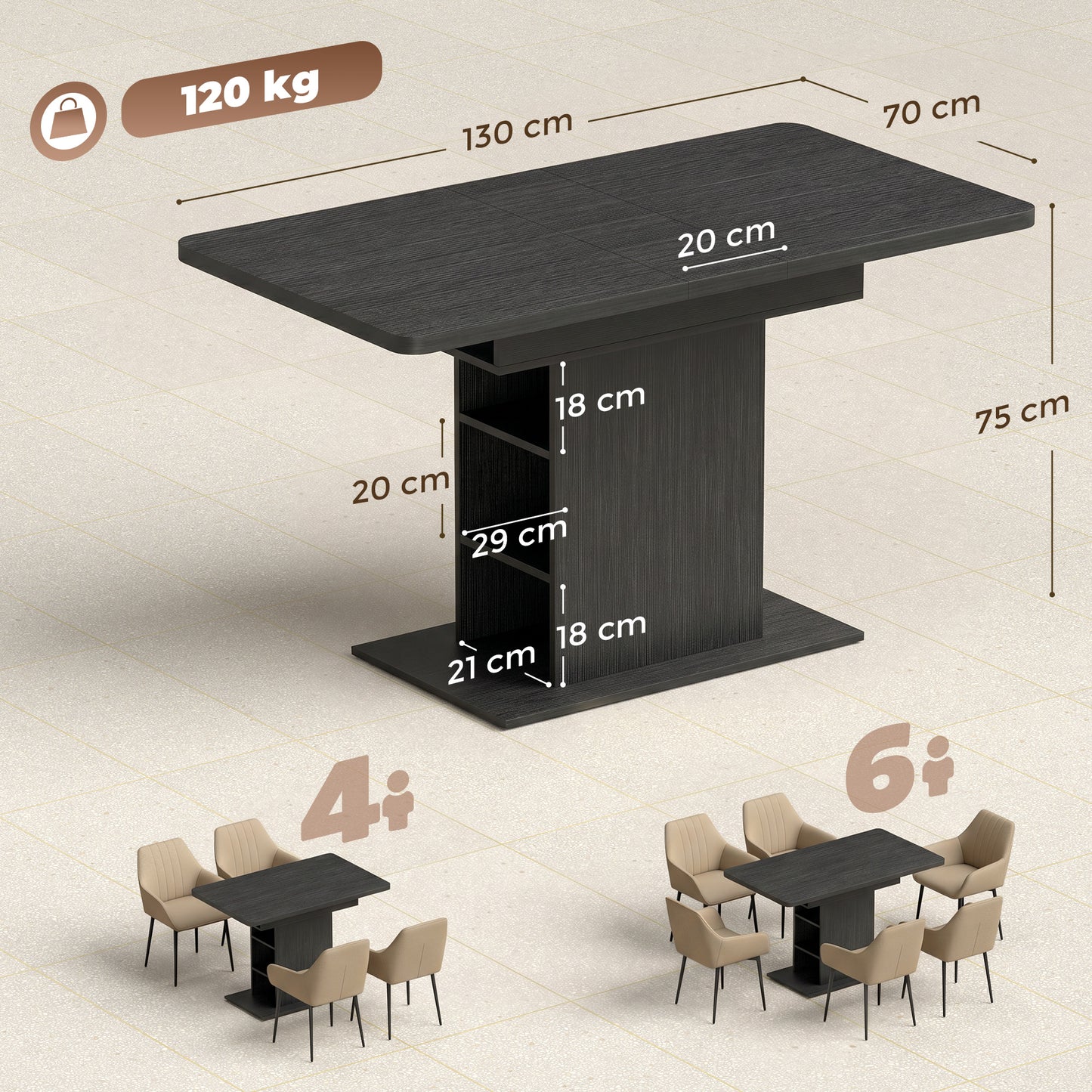 Extendable Dining Table for 4-6 People, 110-130cm Kitchen Table with 6 Open Shelves, Storage Compartment for Home, Living Room, Small Spaces, Black