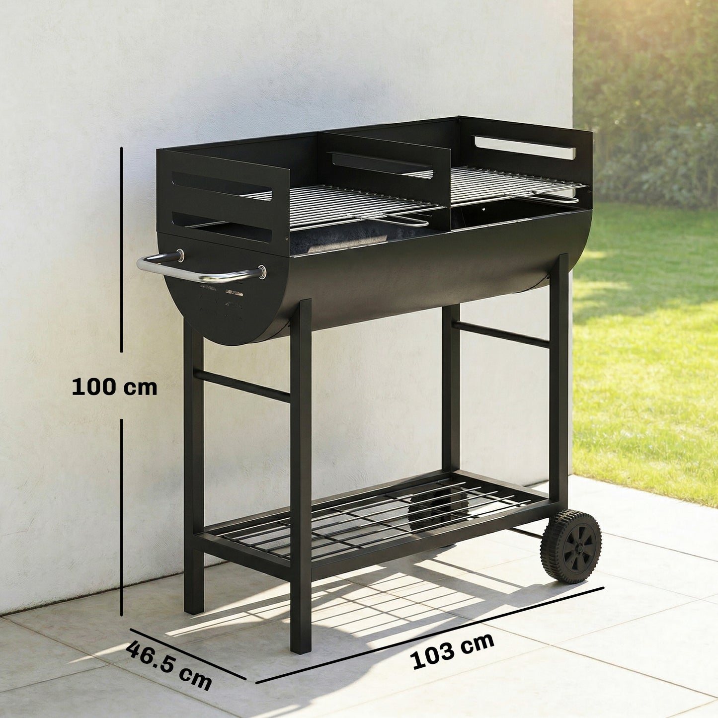 Charcoal Barbecue Grill with 2 Cooking Areas, Wheels
