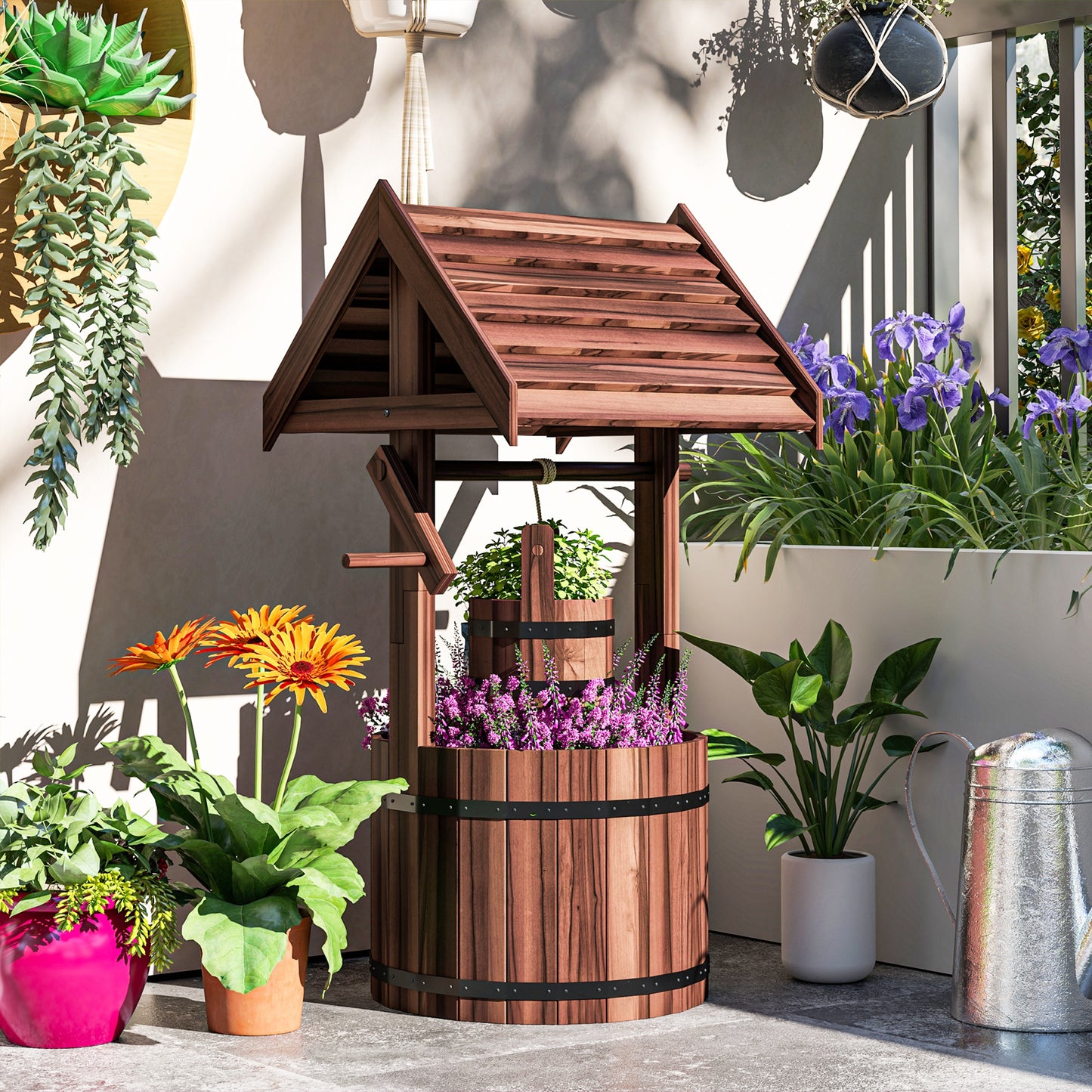 Wooden Wishing Well Planter, Flower Planter with Drainage Hole