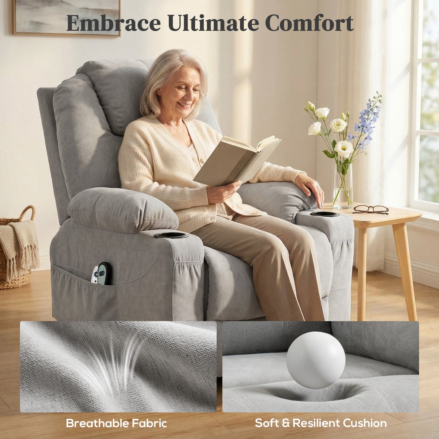 Power Lift Recliner Chair with Vibration Massage, Light Grey