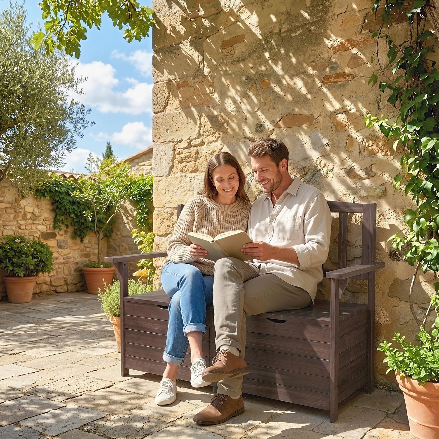 Outdoor 2 Seater Garden Bench, Garden Storage Bench with Backrest