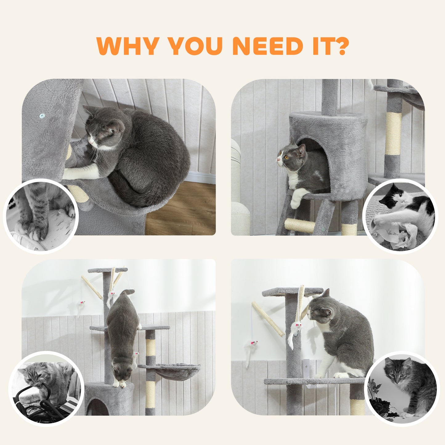 Cat Tree for Indoor Cats, 134cm Scratching Post Climbing Tower, Grey