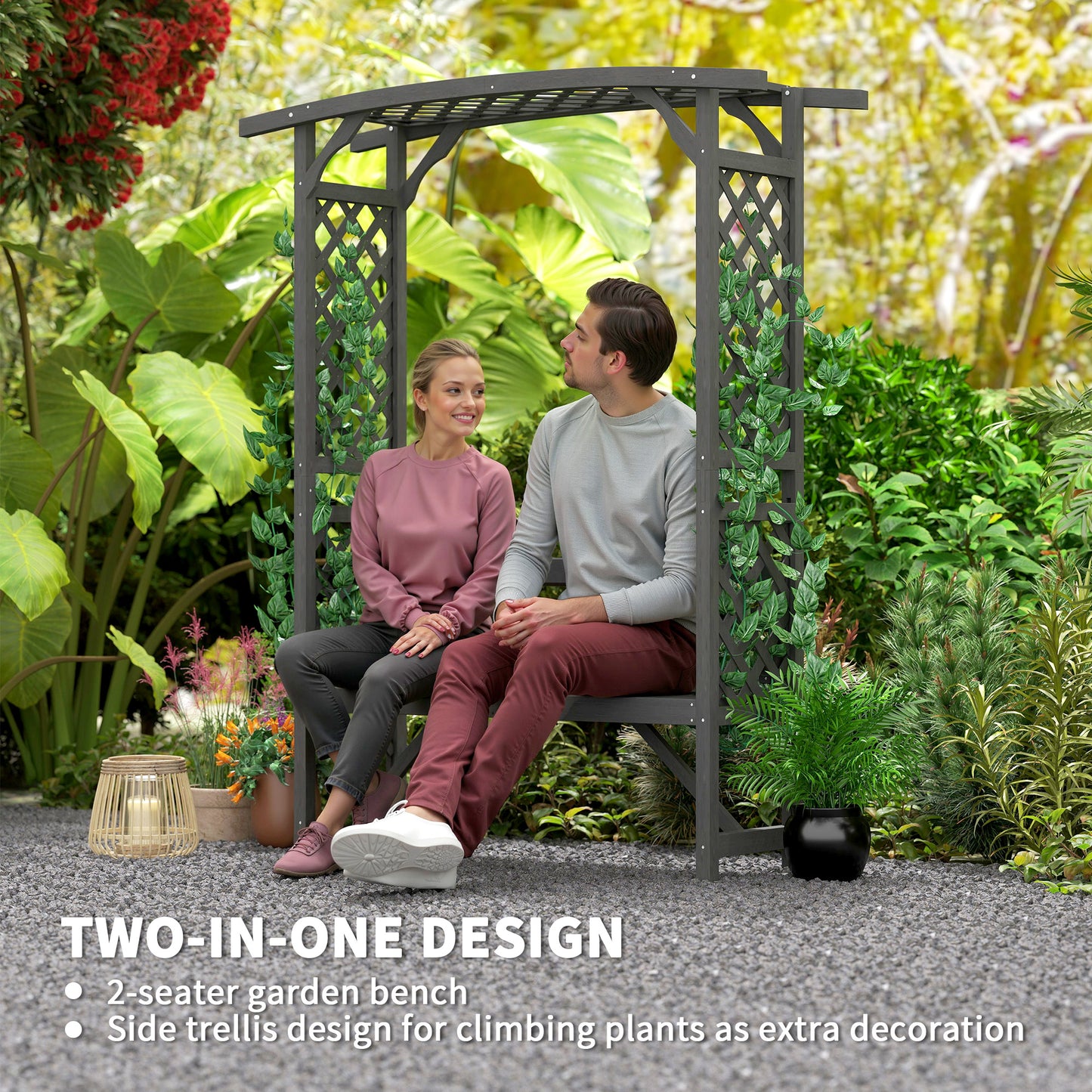 Arch Pergola Garden Bench, Wooden Garden Arbour with Seat, Grey