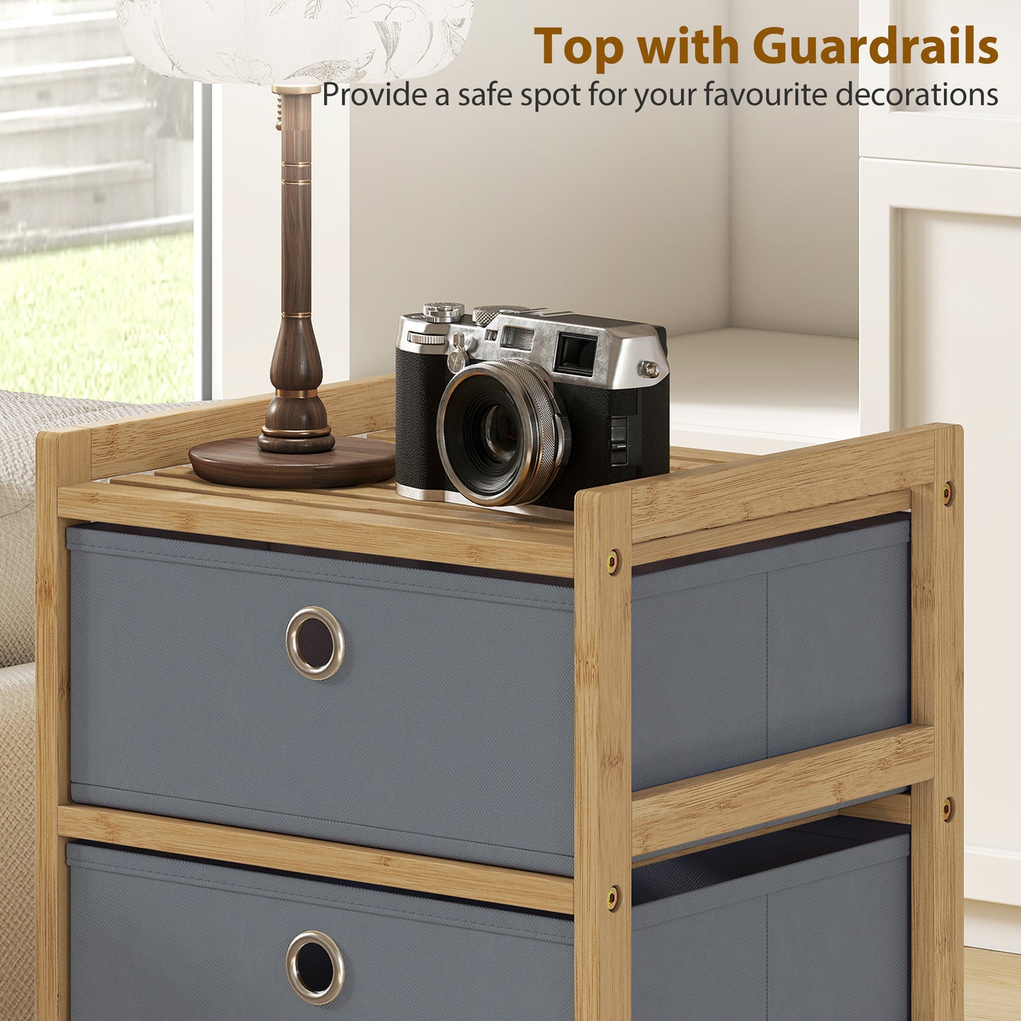 Chest of Drawers, 3 Drawers Dresser with Bamboo Frame, Light Grey