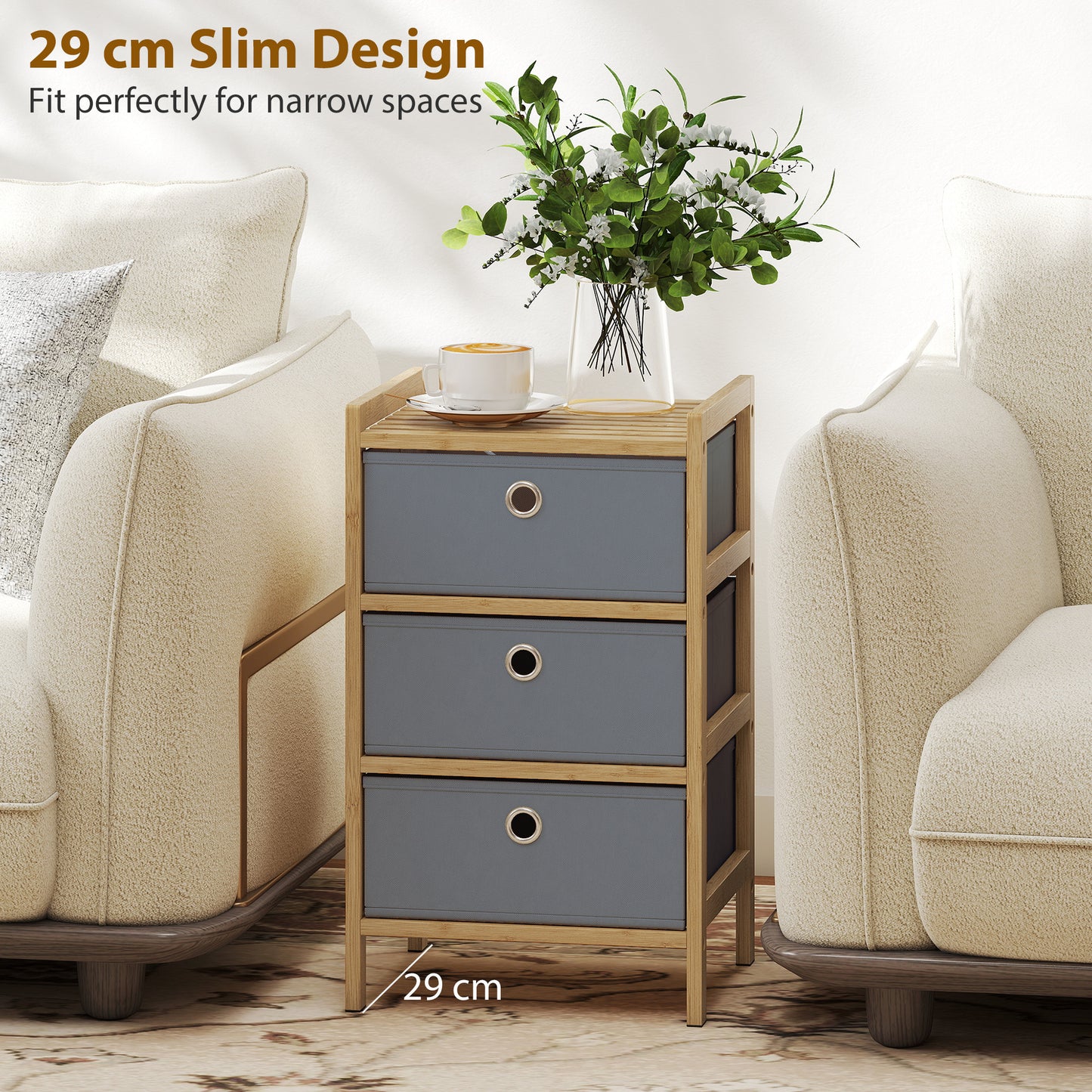 Chest of Drawers, 3 Drawers Dresser with Bamboo Frame, Light Grey
