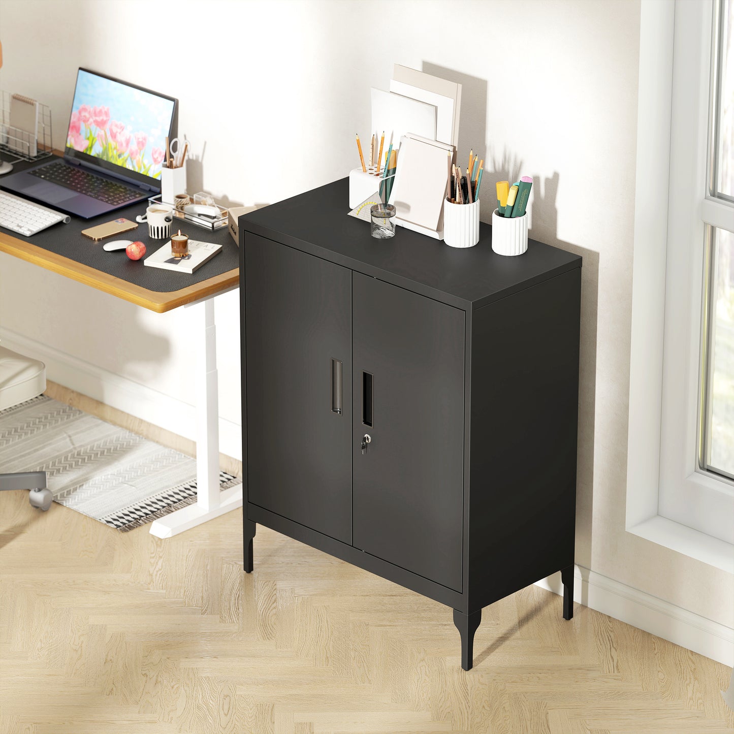 Metal Storage Cabinet with Lock for Home Office, Garage, Study, Black