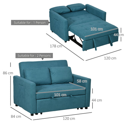 2 Seater Sofa Bed Convertible Bed Settee with Cushions, Pockets, Blue