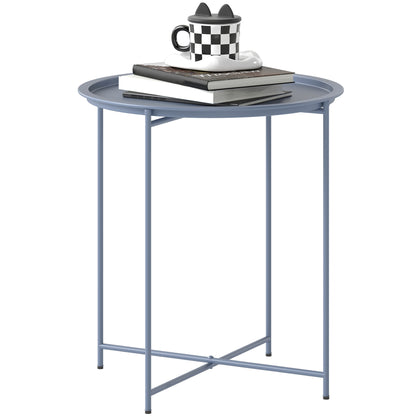46cm Round Garden Table Side Table with Removable Tray, Blue Grey