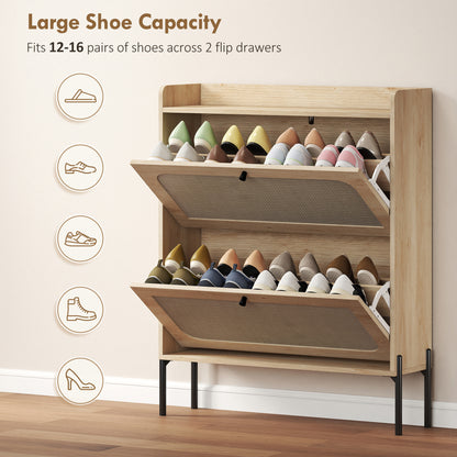 Boho Narrow Shoe Cabinet, Shoe Rack with 2 Flip Drawers, Oak