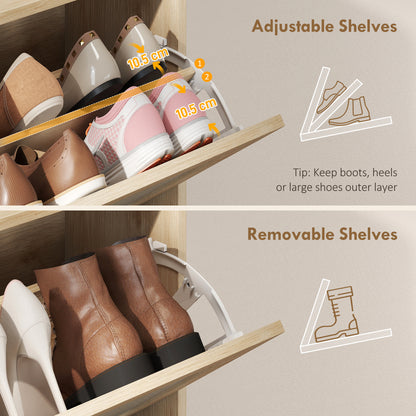 Boho Narrow Shoe Cabinet, Shoe Rack with 2 Flip Drawers, Oak
