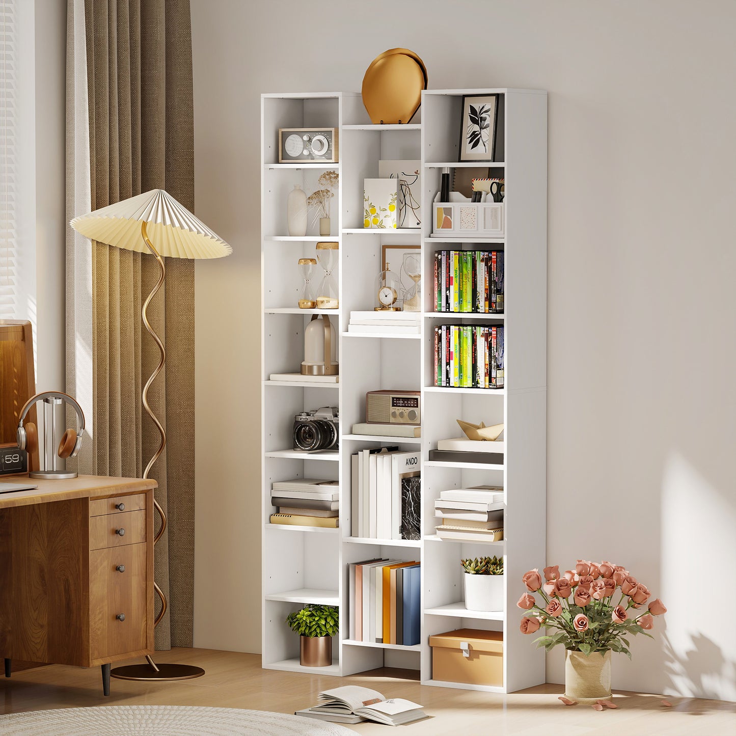 Tall Bookshelf with 21 Compartments and 10 Adjustable Shelves, White