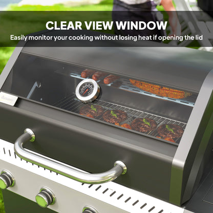 4+1 Burner Gas BBQ Grill with Clear View Lid, Thermometer, Black