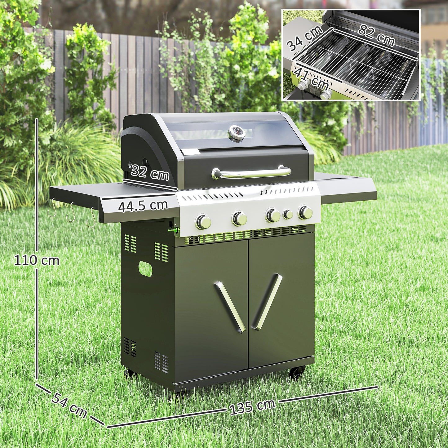 4+1 Burner Gas BBQ Grill with Clear View Lid, Thermometer, Black
