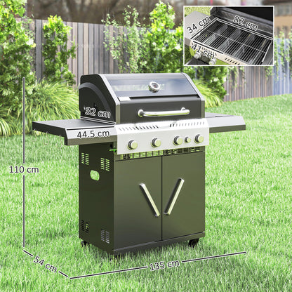 4+1 Burner Gas BBQ Grill with Clear View Lid, Thermometer, Black