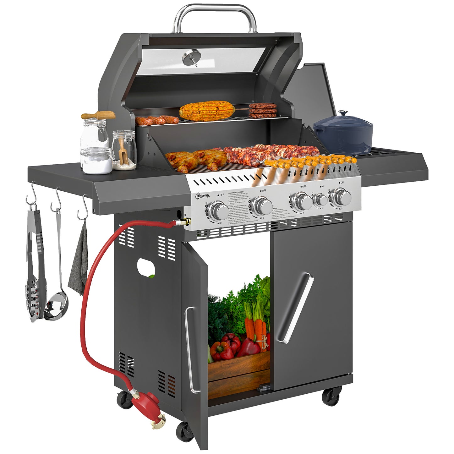 4+1 Burner Gas BBQ Grill with Clear View Lid, Thermometer, Black