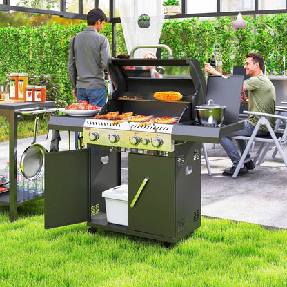 4+1 Burner Gas BBQ Grill with Clear View Lid, Thermometer, Black