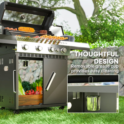 4+1 Burner Gas BBQ Grill with Clear View Lid, Thermometer, Black