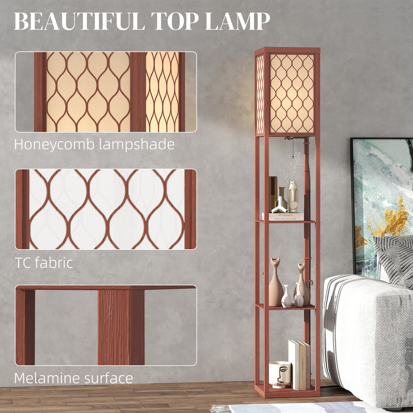 Modern Floor Lamp Light with 3 Shelves Fabric Lampshade Brown