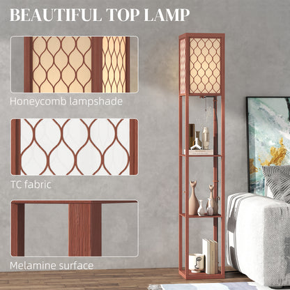 Modern Floor Lamp Light with 3 Shelves Fabric Lampshade Brown