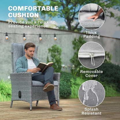 Rattan Garden Recliner Chair with Adjustable Backrest, Light Grey