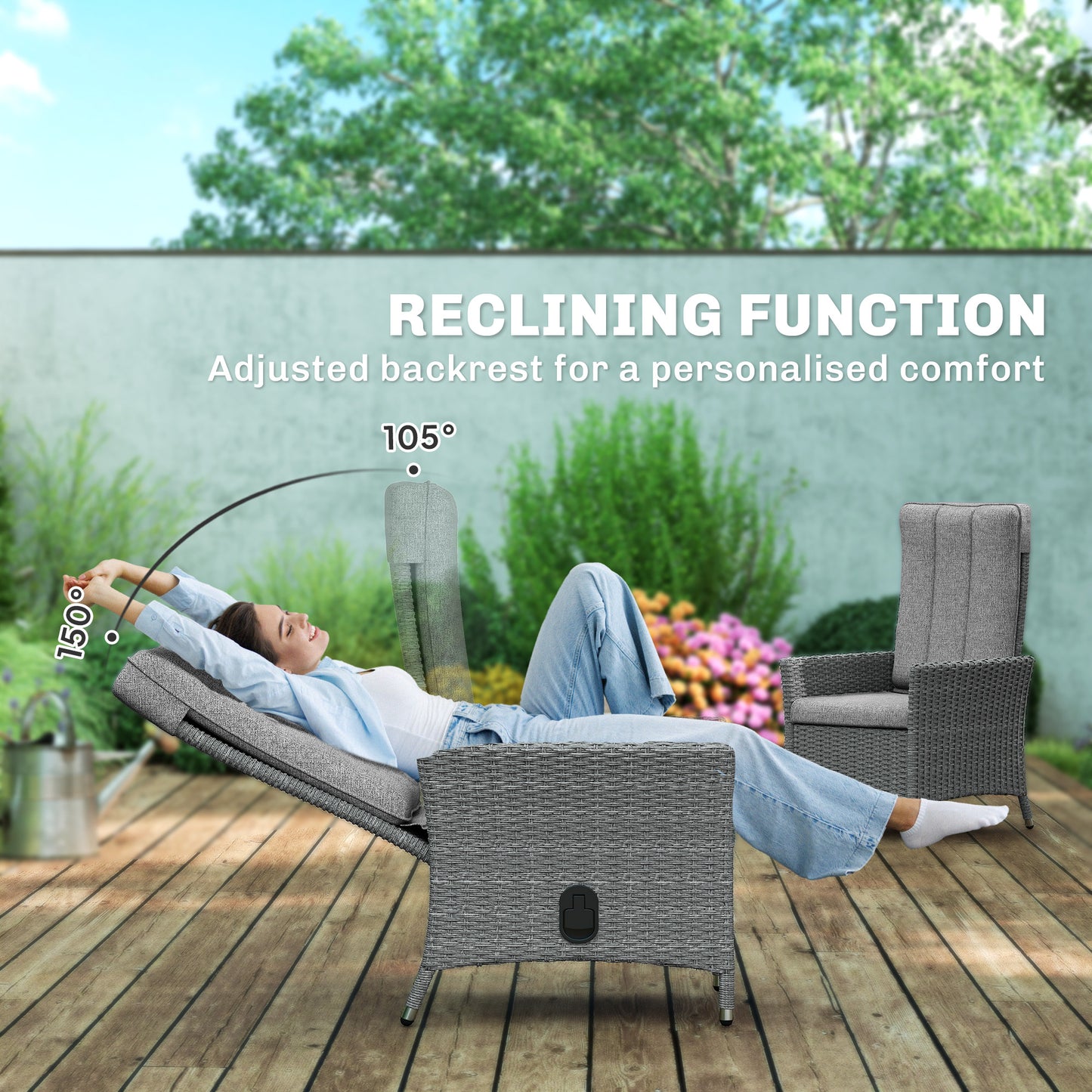 Rattan Garden Recliner Chair with Adjustable Backrest, Light Grey