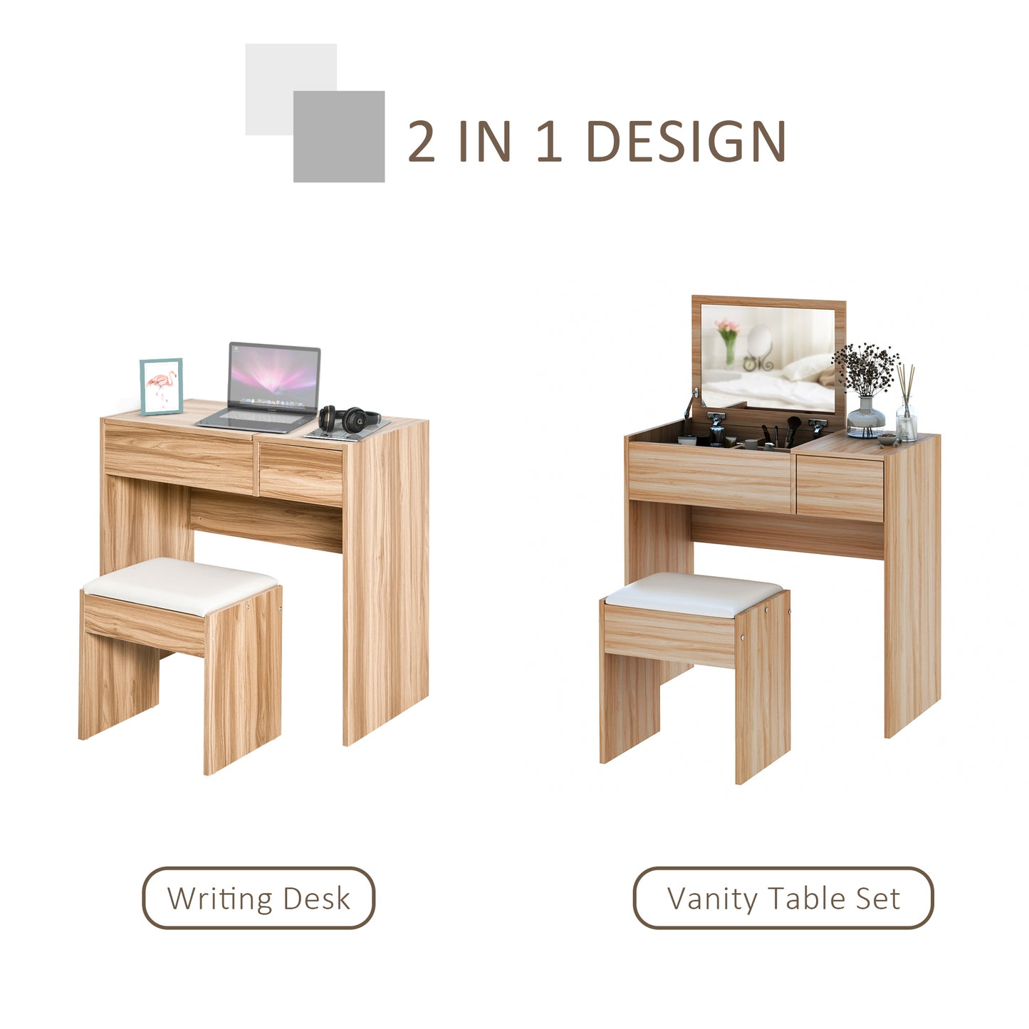 Dressing Table Set Cushioned Stool Flip-up Mirror Drawer Chipboard Wood