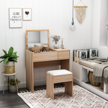 Dressing Table Set Cushioned Stool Flip-up Mirror Drawer Chipboard Wood