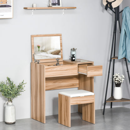 Dressing Table Set Cushioned Stool Flip-up Mirror Drawer Chipboard Wood