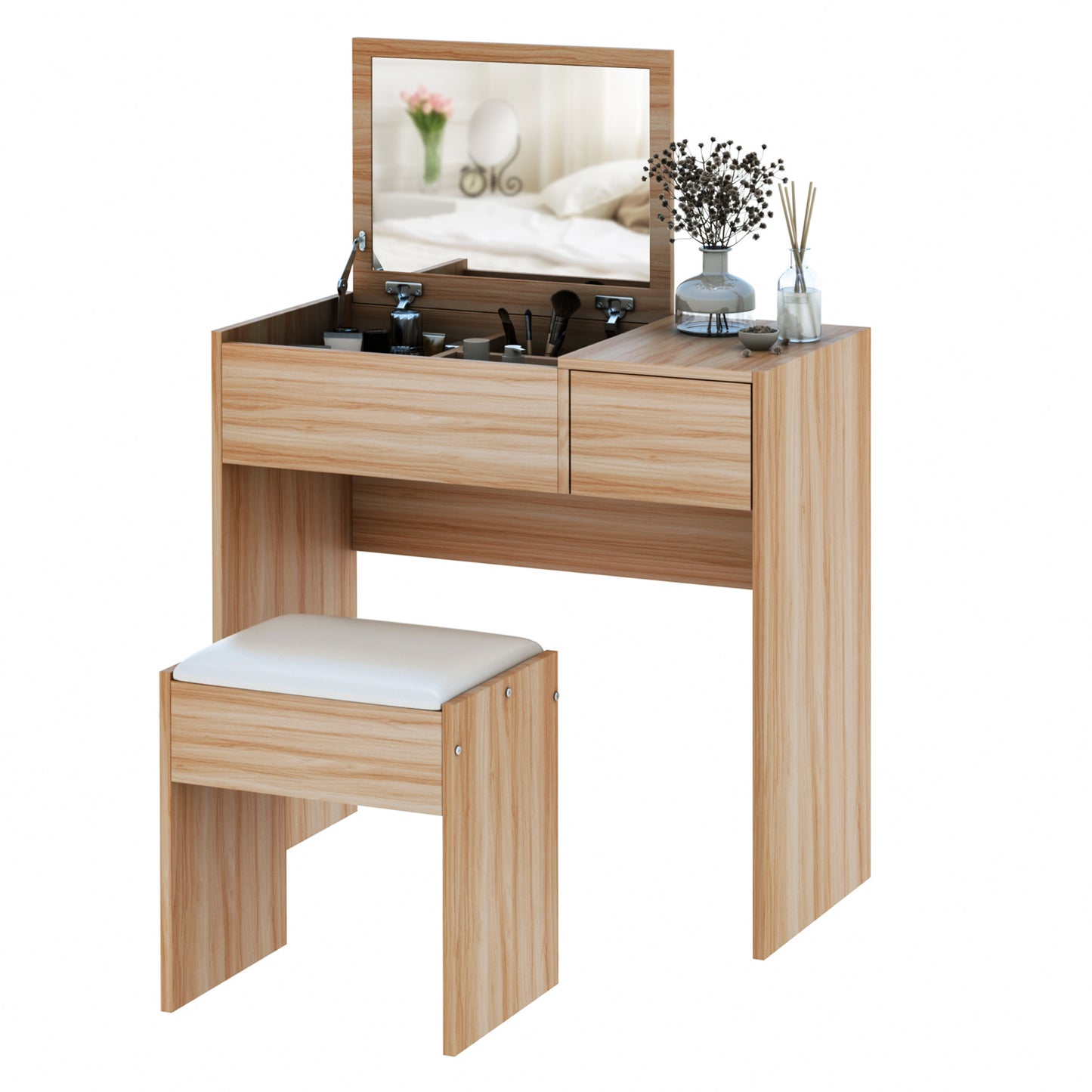 Dressing Table Set Cushioned Stool Flip-up Mirror Drawer Chipboard Wood