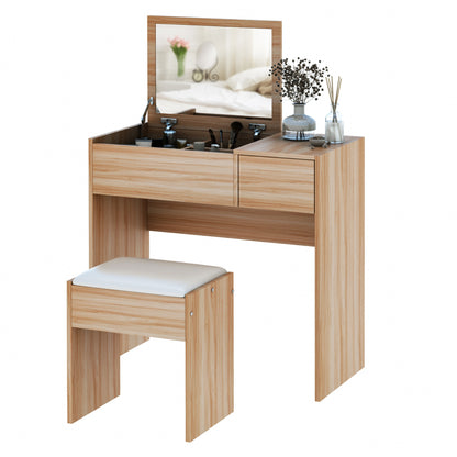 Dressing Table Set Cushioned Stool Flip-up Mirror Drawer Chipboard Wood