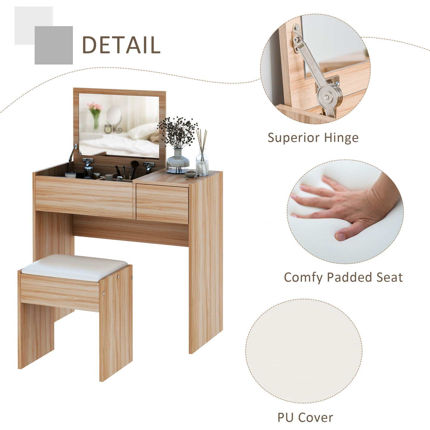 Dressing Table Set Cushioned Stool Flip-up Mirror Drawer Chipboard Wood
