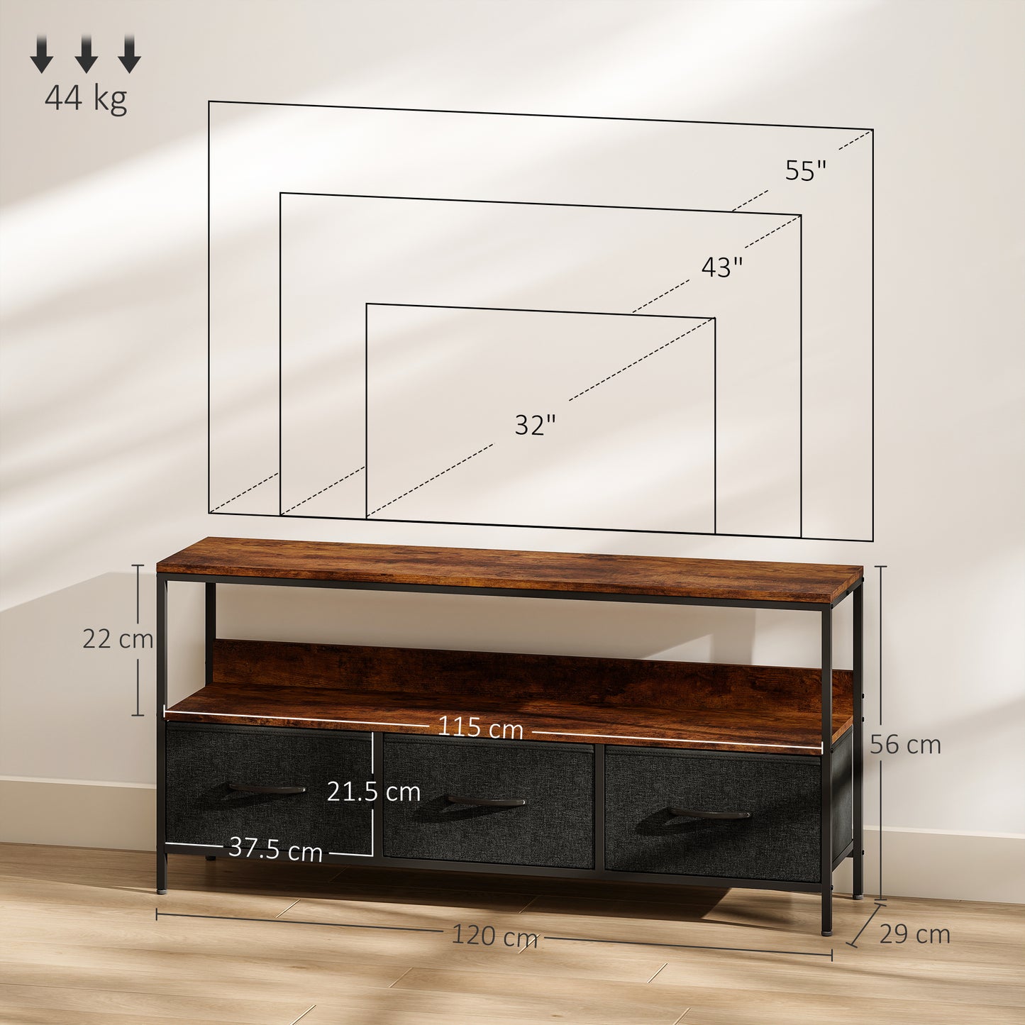 TV Cabinet, TV Console Unit with 3 Foldable Linen Drawers Brown