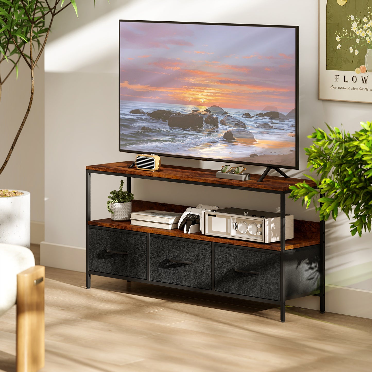 TV Cabinet, TV Console Unit with 3 Foldable Linen Drawers Brown