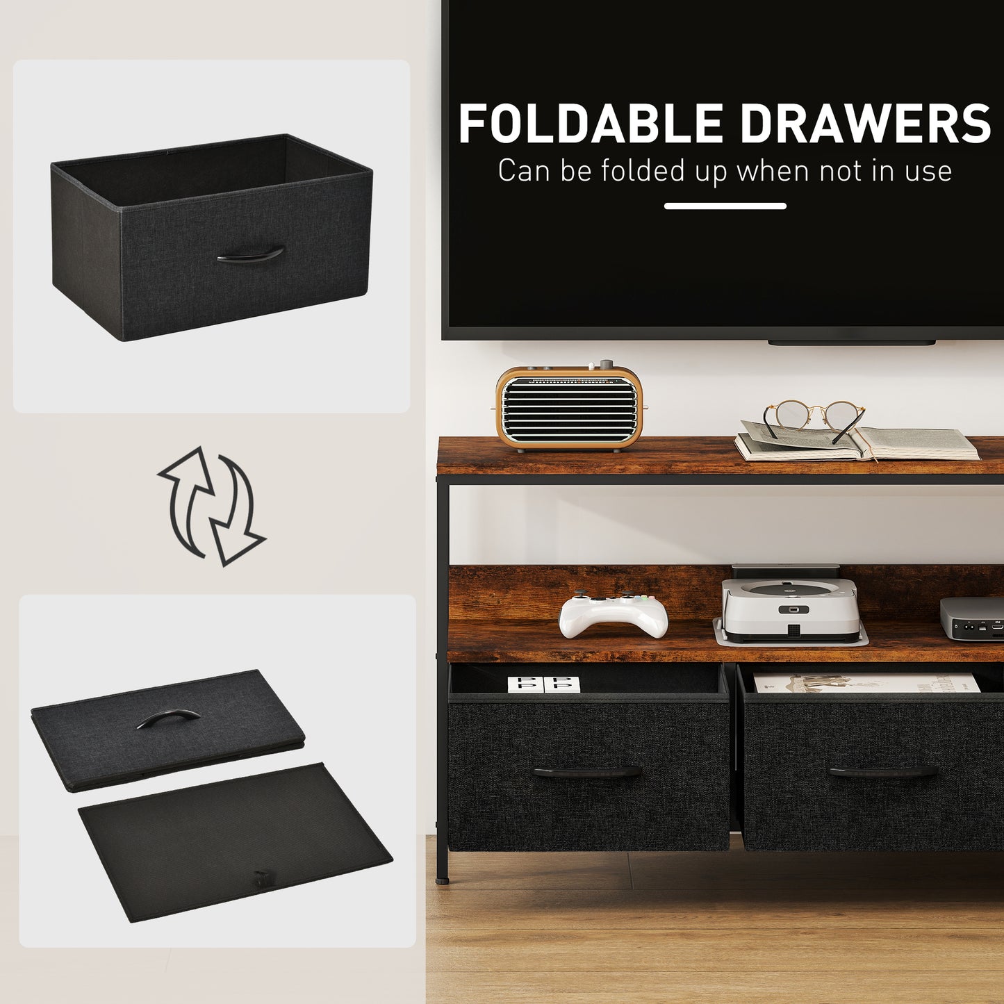 TV Cabinet, TV Console Unit with 3 Foldable Linen Drawers Brown