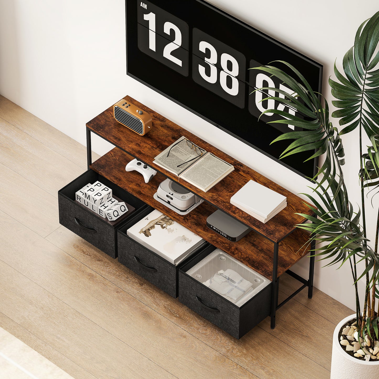 TV Cabinet, TV Console Unit with 3 Foldable Linen Drawers Brown