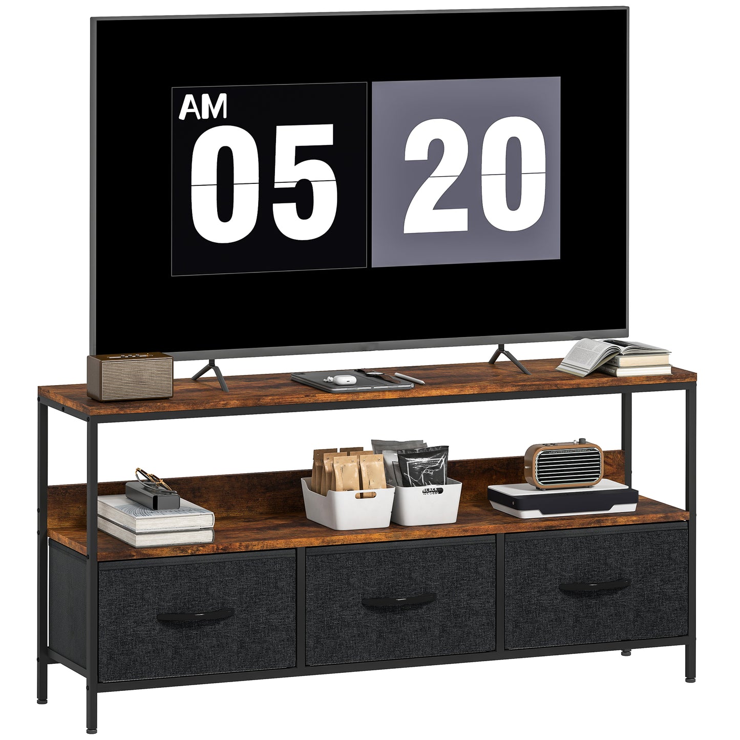 TV Cabinet, TV Console Unit with 3 Foldable Linen Drawers Brown