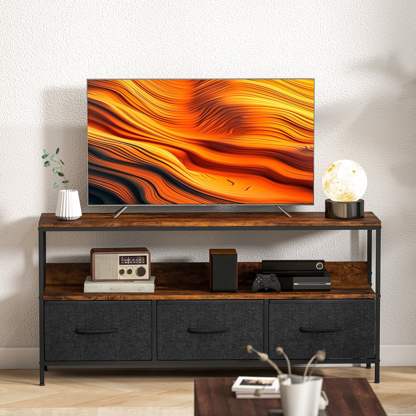 TV Cabinet, TV Console Unit with 3 Foldable Linen Drawers Brown