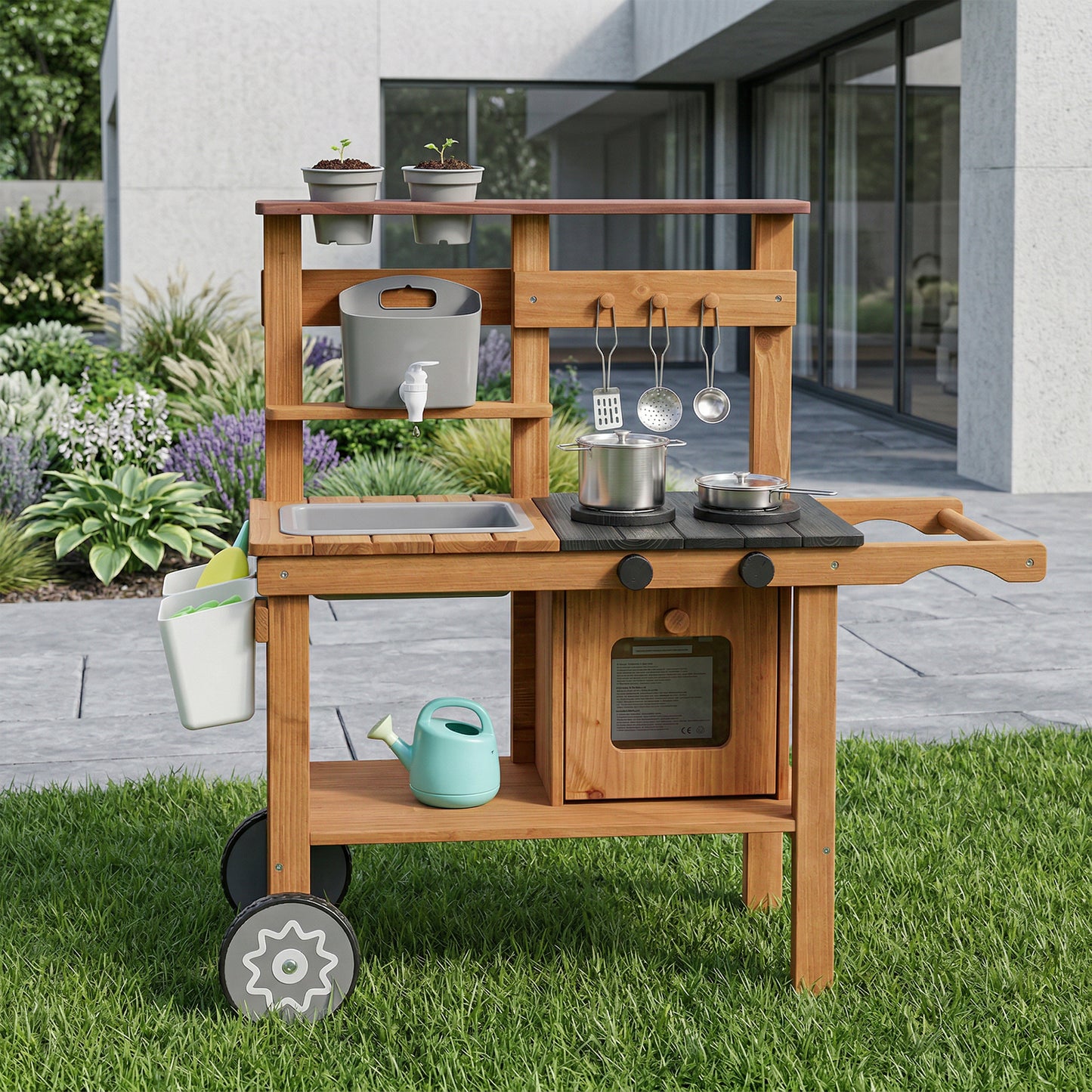 Wooden Mud Kitchen with Wheels, Stove, Stainless Steel Accessories