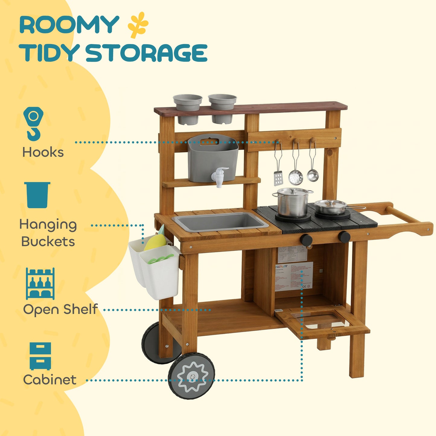 Wooden Mud Kitchen with Wheels, Stove, Stainless Steel Accessories
