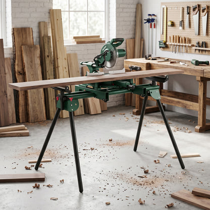 Universal Mitre Saw Stand with Adjustable Rollers and Support Arms, Portable Miter Saw Stand with Folding Legs, Heavy-Duty Height-Adjustable Pull-Out Work Piece Supports, Max Load 150kg, Green