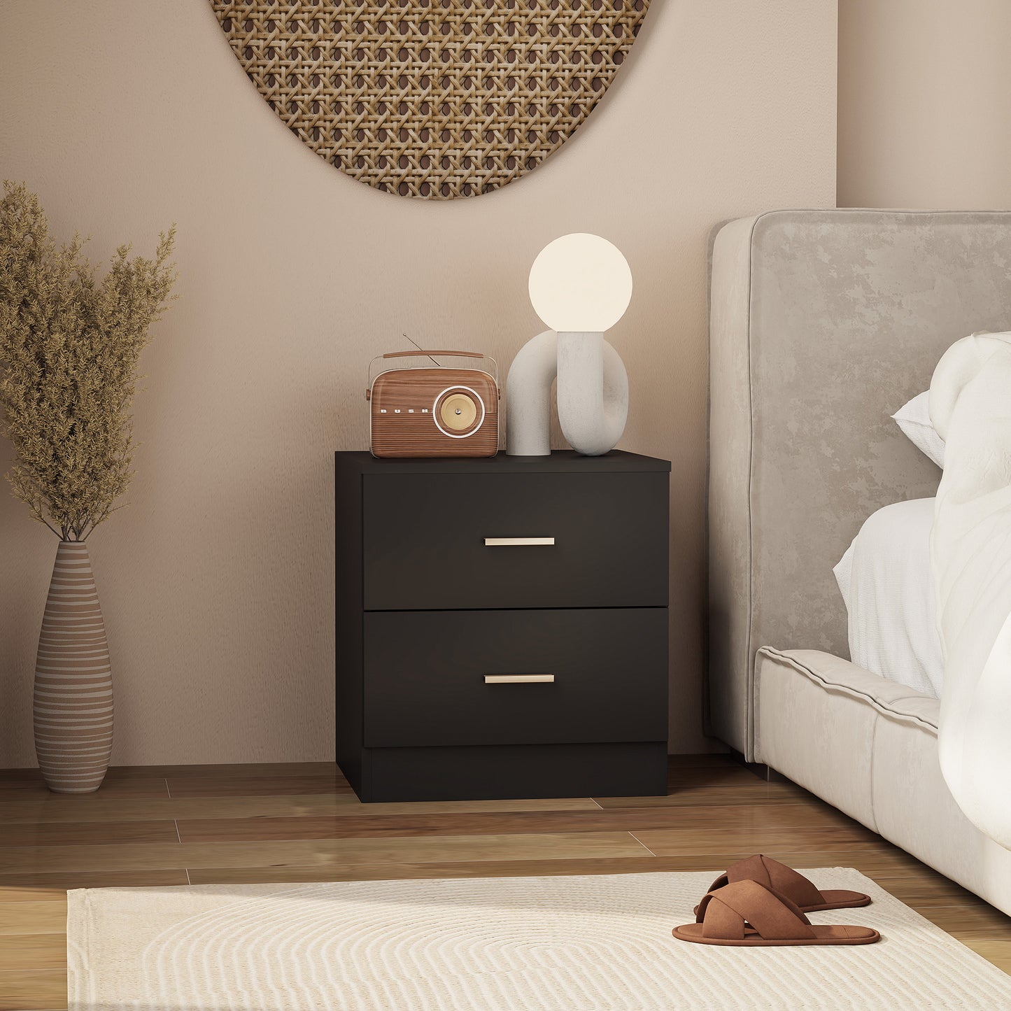 Bedside Table, Nightstand with 2 Drawers, Modern Side Table, Black