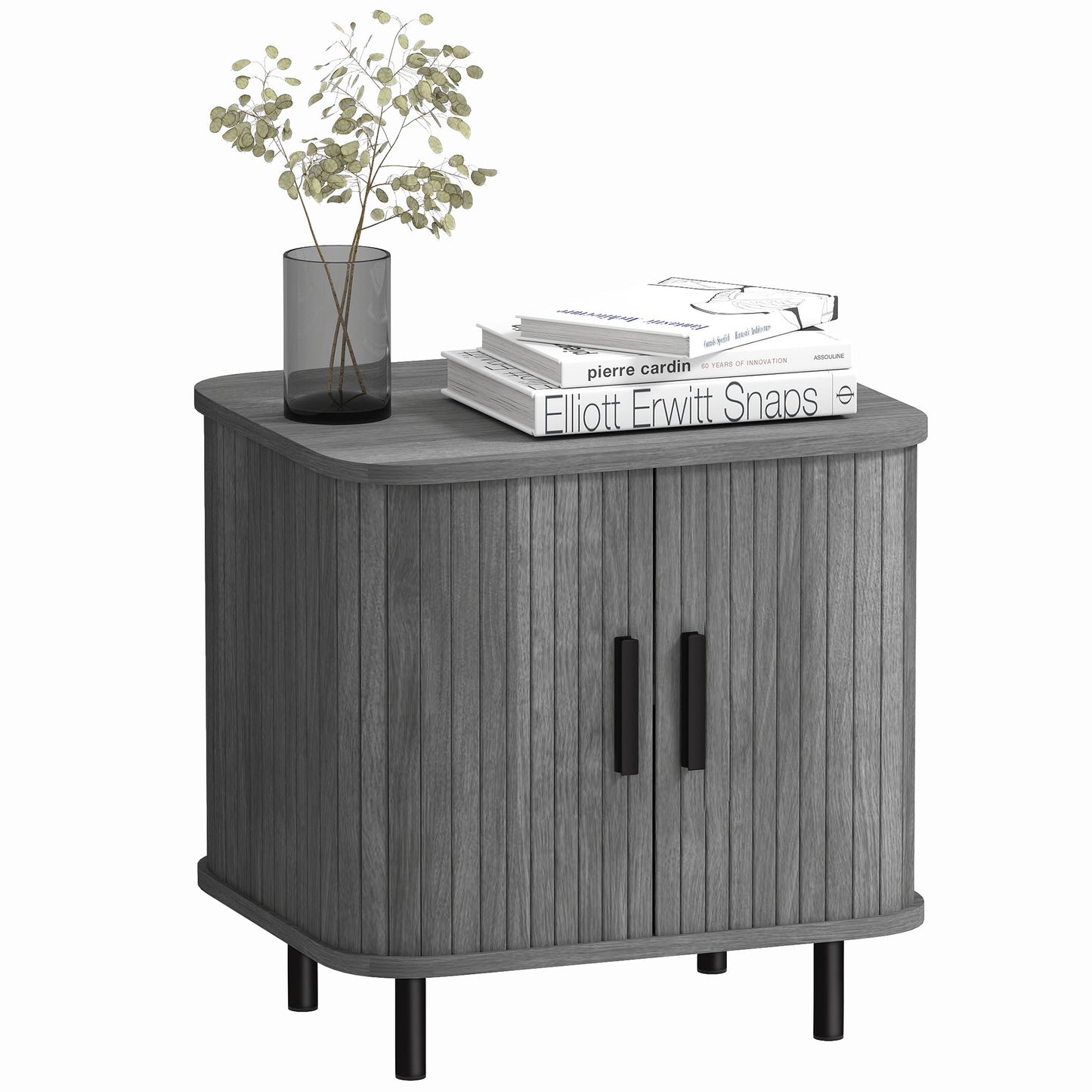 Nightstand with Sliding Doors and Metal Legs for Bedroom Grey