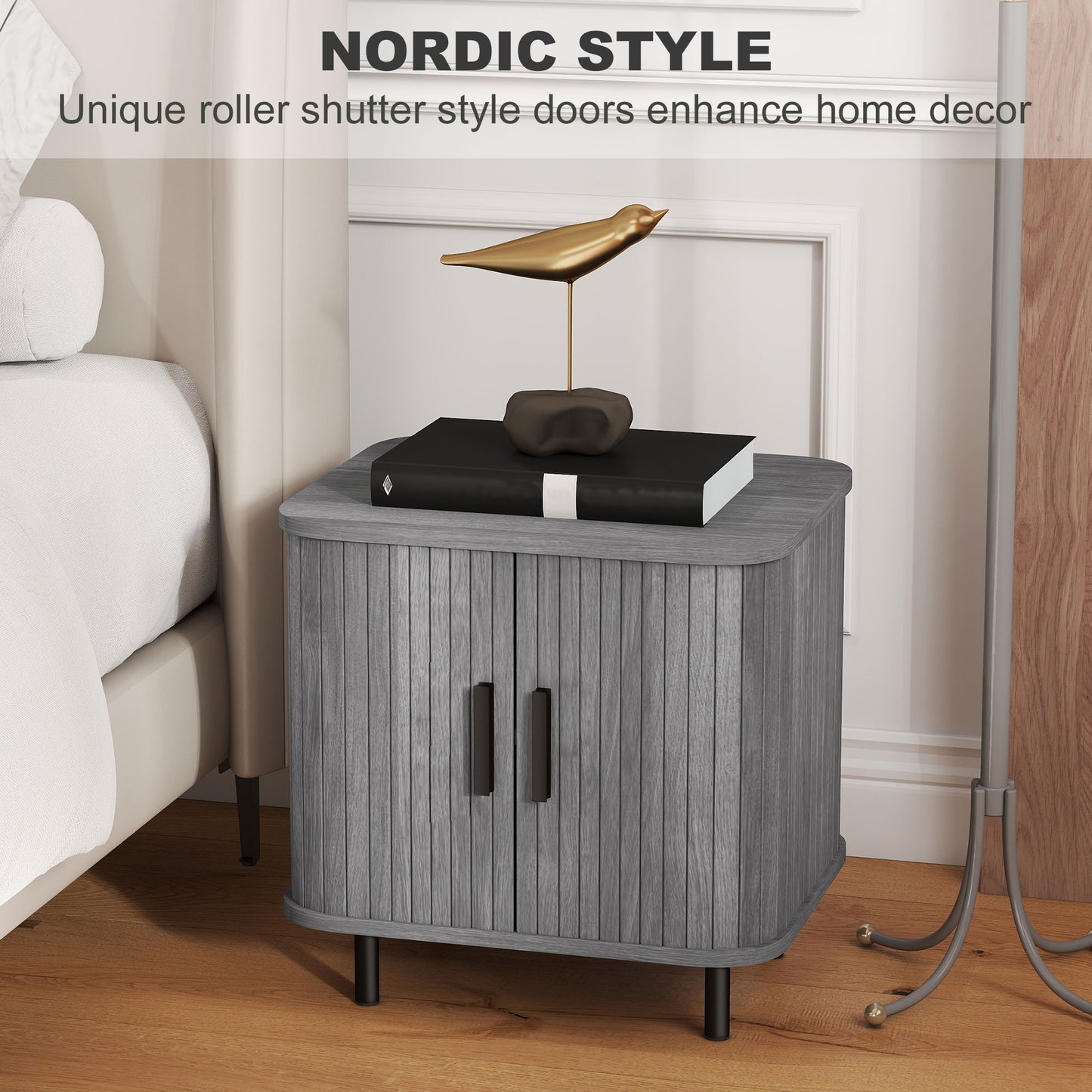 Nightstand with Sliding Doors and Metal Legs for Bedroom Grey