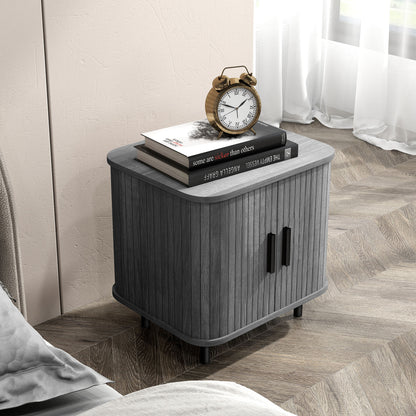 Nightstand with Sliding Doors and Metal Legs for Bedroom Grey